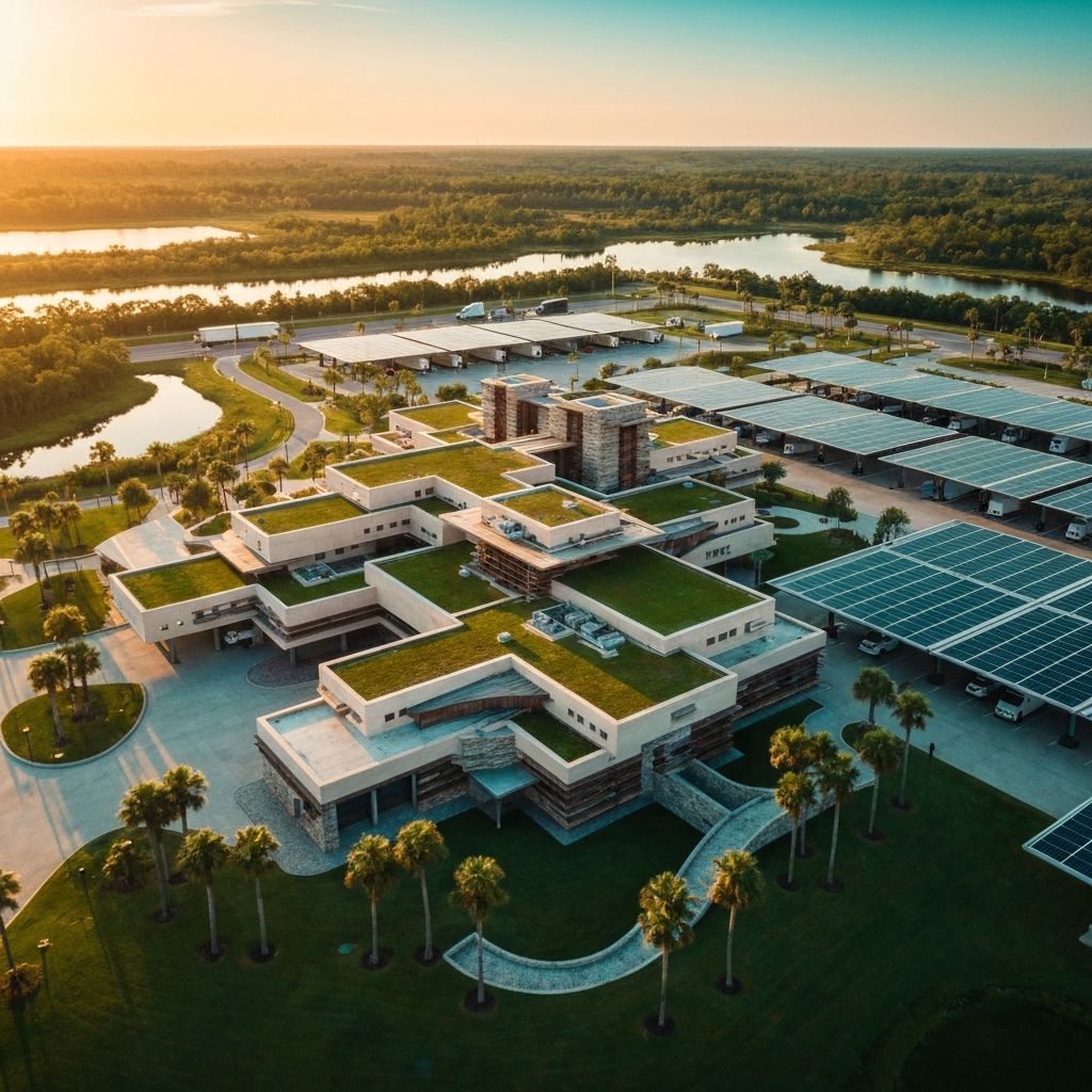 Aerial view of Pinnacle Truck Stop organic architecture at golden hour